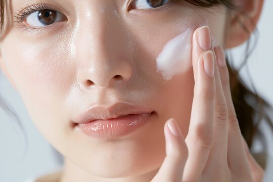 美容液で肌に潤いを与える日本人女性のスキンケアタイム