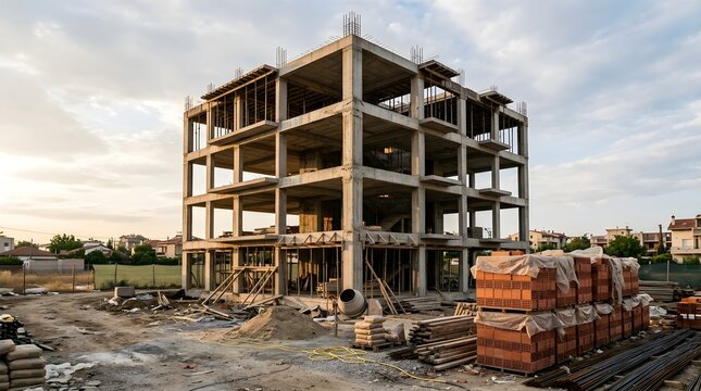 Concrete building frame under construction at a real estate development site with materials