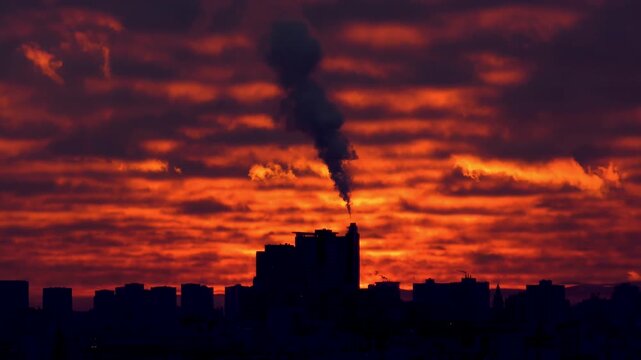 View of a building emitting smog, smoke, and polluting the city.
