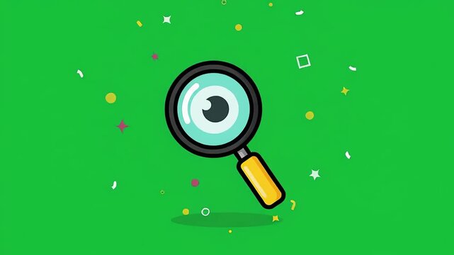Animated Magnifying Glass Falling and Revealing an Eye with Sparkles, Isolated on Green Screen