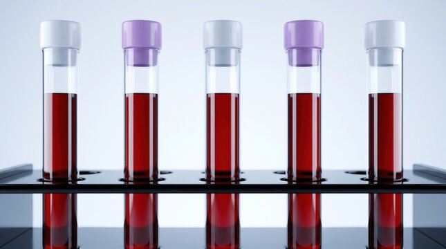 Row of glass test tubes filled with red blood samples standing in black rack with white and purple caps on reflective surface against clean light blue background. Concept of medical laboratory testing