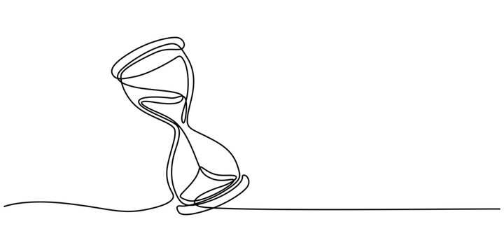 Continuous one line drawing of hourglass on white background, Minimalist single line art of sand glass timer for time management concept, hourglass time sand glass hour clock watch icon. Hourglass one