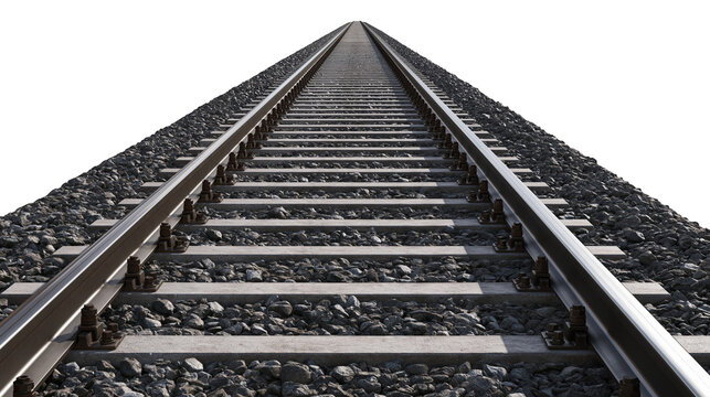 Parallel steel railway tracks on gravel ballast with concrete sleepers