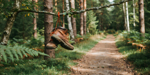 Obraz premium A pair of worn brown leather hiking boots hanging by their orange laces from a thin tree branch in a blurred forest path during the daytime
