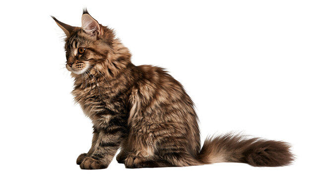 Fluffy brown tabby Maine Coon cat sitting and looking sideways