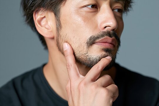 考え込む日本のミドル男性が顎に手を当て真剣な表情で思案