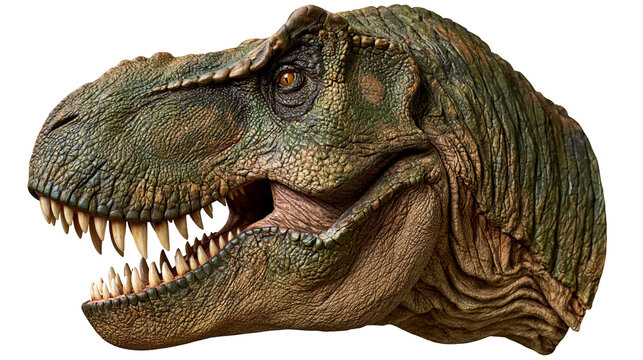 Detailed Tyrannosaurus Rex dinosaur head with textured green skin and sharp teeth