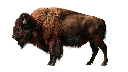 Large American bison with thick brown fur and curved horns standing in profile © Motruc