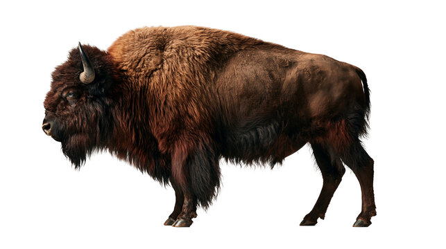 Large American bison with thick brown fur and curved horns standing in profile