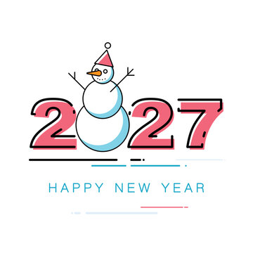 Snowman, numerals 2027. Happy New Year, fine-line art style, banner concept, white background. Red and black linear New Year numerals and pattern. Holiday poster, calendar, and greeting card design. 
