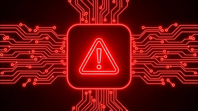 Digital warning alert symbol on glowing circuit board background with Red glowing warning triangle over electronic circuit pattern electronic component tech industry warning sign