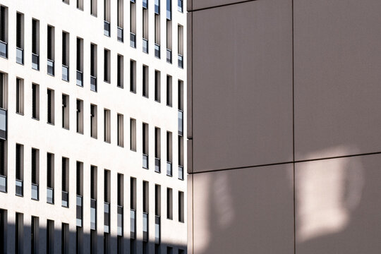 Window grid and smooth wall panels create an abstract architectural composition with sharp shadows geometry and contrasting textures in close detail