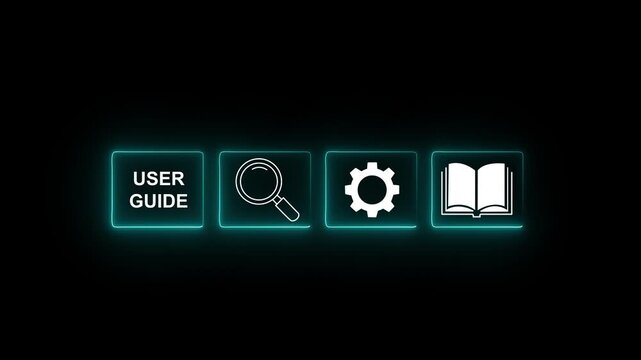 Glowing neon user guide icon set with search magnifying glass gear settings and open book manual on black background.4k