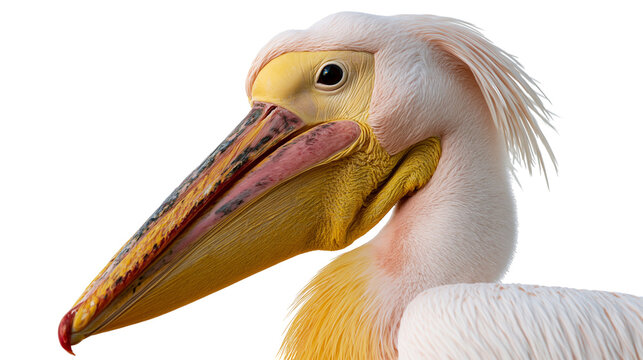 Great white pelican head profile with long yellow beak and pinkish plumage
