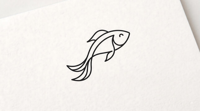 Minimalist goldfish line art logo design featuring fluid black curves on textured paper background ideal for modern brand identity or aquatic themed projects.