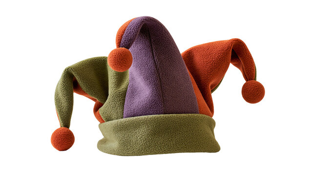 Multicolor fleece jester hat with three points and orange pom poms