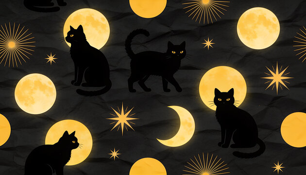seamless black cat celestial pattern with full moon crescent moons and golden burst stars on dark wrinkled paper texture background for witchy halloween mystical vector design.