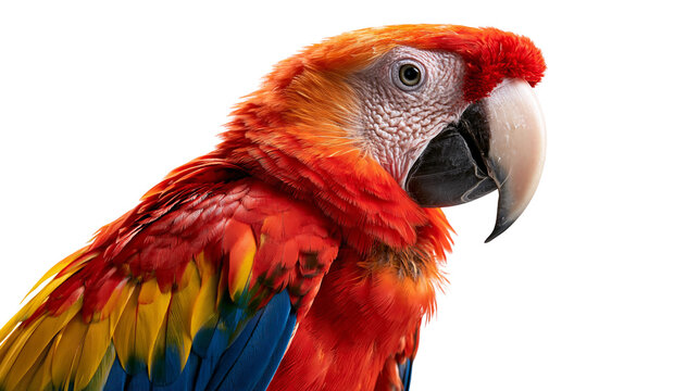 Vibrant scarlet macaw parrot with bright red yellow and blue plumage close up