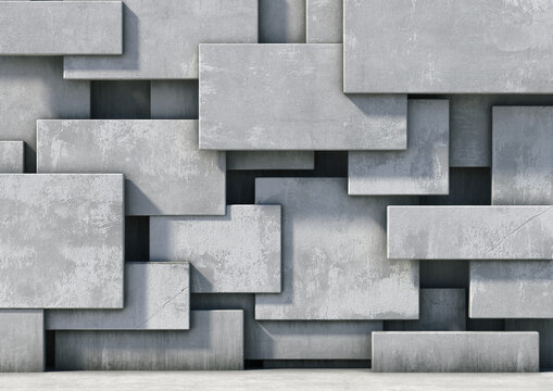 Abstract Layered Concrete Blocks with Overlapping Rectangular Geometric Wall, 3D Rendering