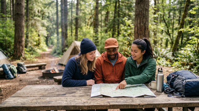Friends planning a hiking route with a map at a forest campsite on green background
