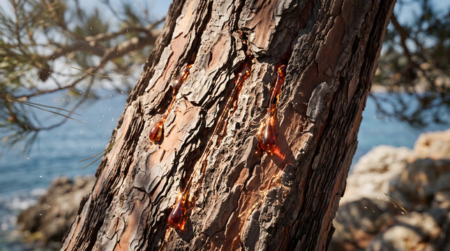 Macro shot of golden pine bark extract resin dripping from a maritime pine tree