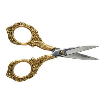 Vintage ornate gold scissors with steel blades on transparent background