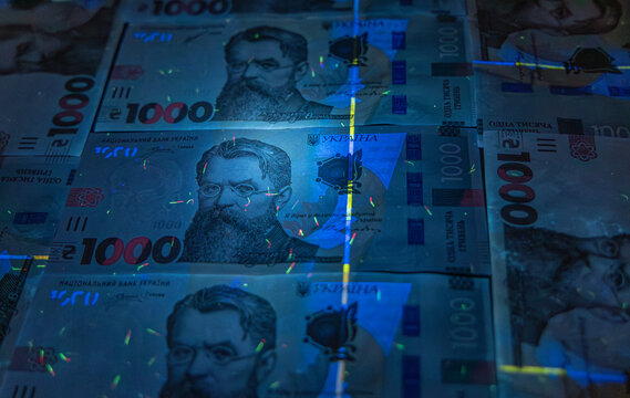 Ukrainian 1000 Hryvnia Banknotes Under UV Inspection