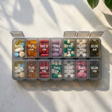 Daily Medication Organizer With Assorted Pills Clearly Labeled By Day And Time