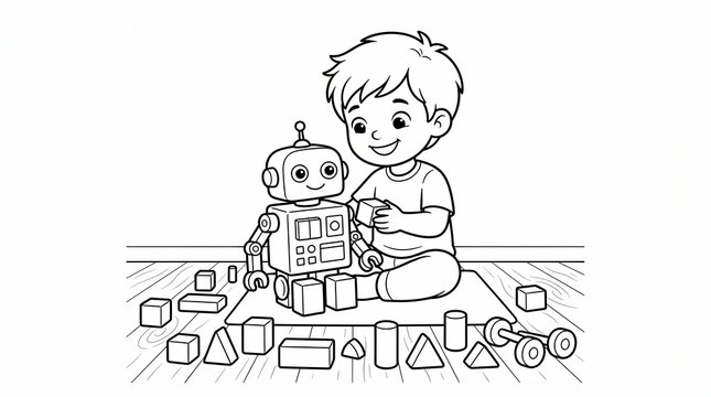 Little boy playing with a robot toy and building blocks coloring page