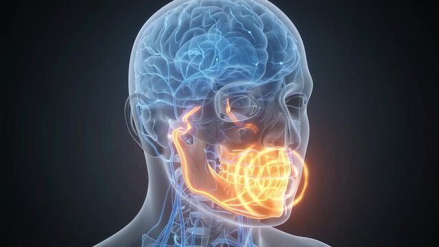 3D medical animation: a translucent human head in profile with glowing blue nerve network, a sharp orange pain pulse travels along the mandibular branch from the brainstem to the jaw