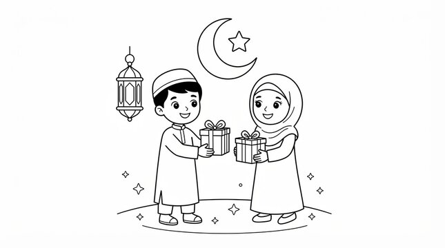 Happy Muslim boy and girl exchanging gifts for Ramadan celebration