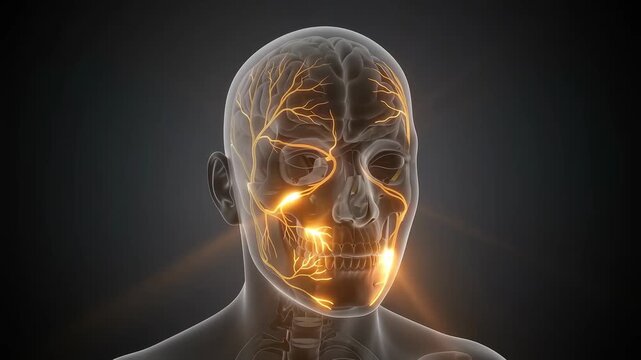 3D medical animation: a translucent human head in profile with glowing blue nerve network, a sharp orange pain pulse travels along the mandibular branch from the brainstem to the jaw