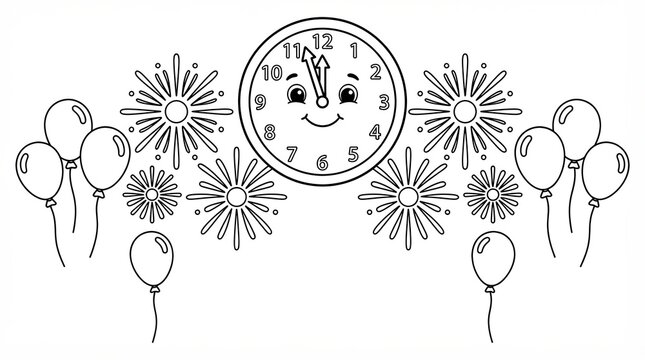 Cute cartoon clock with fireworks and balloons for New Year coloring page