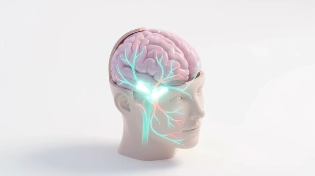 3D isometric medical animation: a stylized head and brain cutaway rotating slowly, the trigeminal nerve pathway lights up in teal and coral from brainstem to face