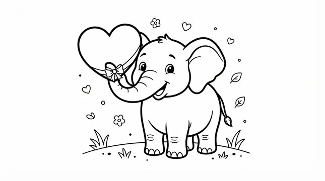 Cute cartoon elephant holding a heart shape for valentines coloring page