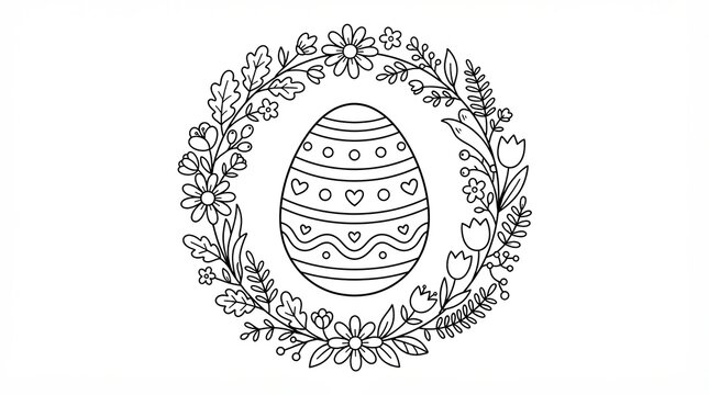 Easter egg in a circular frame of flowers and leaves line art drawing