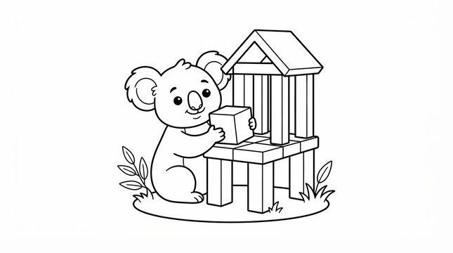 Cute koala bear playing with building blocks for children coloring page