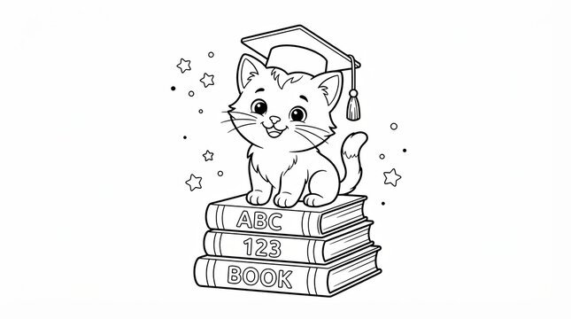Cute kitten wearing graduation cap sitting on a stack of books