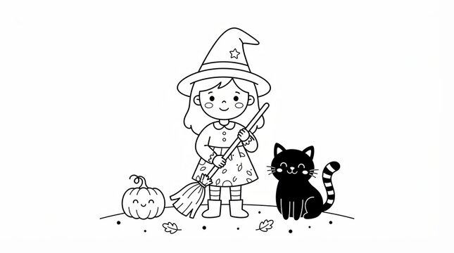 Cute little witch with a broom and black cat for Halloween coloring page