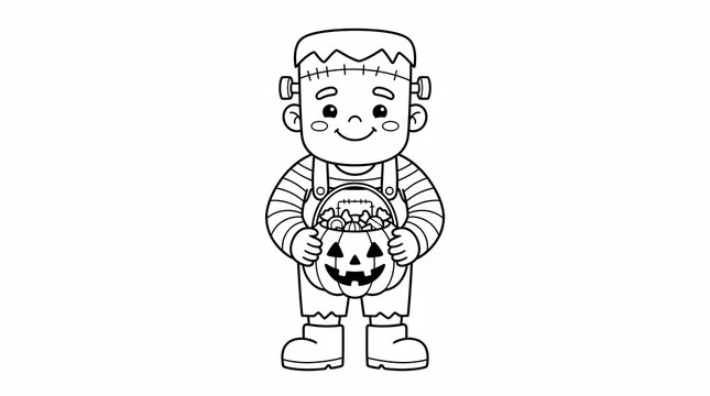 Cute Frankenstein monster boy holding a pumpkin bucket for trick or treat
