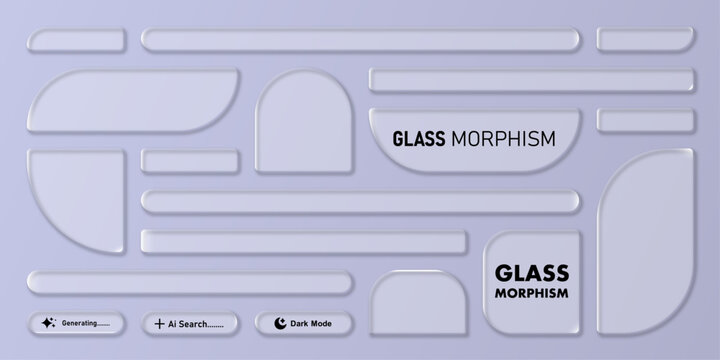 3D Liquid glass morphism smartphone interface. UI UX light frame rounded square and circle elements with a glow stroke. Collection design widget for phone and website.