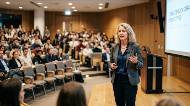 A woman delivers a keynote presentation in an auditorium, bringing a unique perspective to an empty chair boardroom topic during an academic event, underscoring the speaker