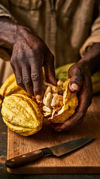 Hands crack open a yellow cocoa pod