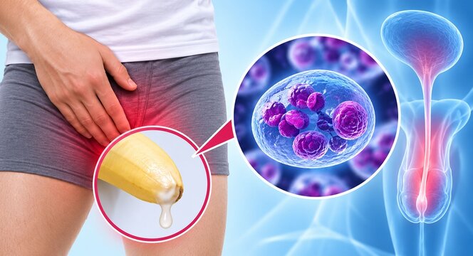 Medical concept of male gonorrhea or urethritis symptoms showing groin pain and penile discharge metaphor