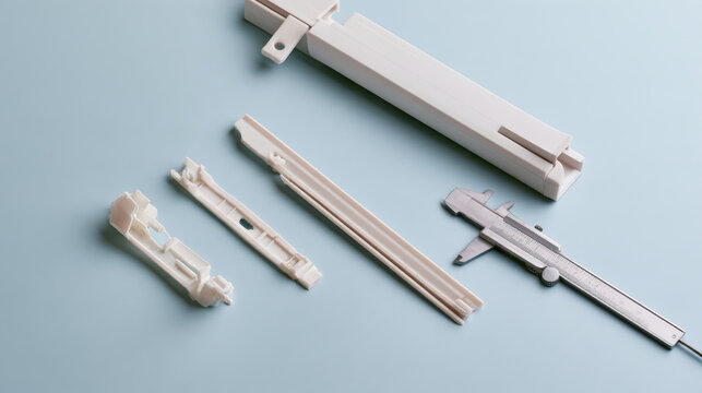 White plastic components lie on a soft blue surface