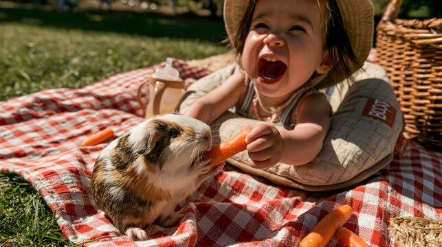 Baby Laughing at a Guinea Pig Eating a Carrot on a Picnic Blanket
