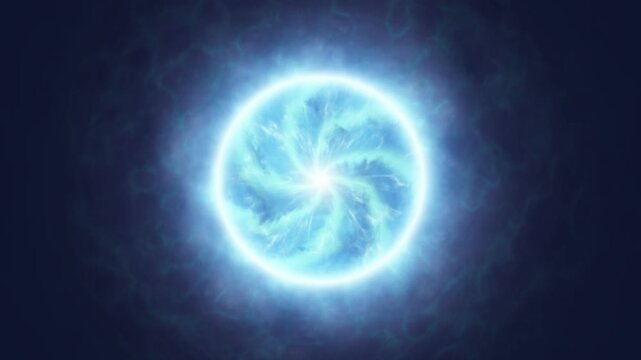 Rotating Blue Star Plasma Core Loop with Swirling Energy Field in Space. Glowing Blue Energy Orb with Swirling Plasma Vortex and Magical Aura