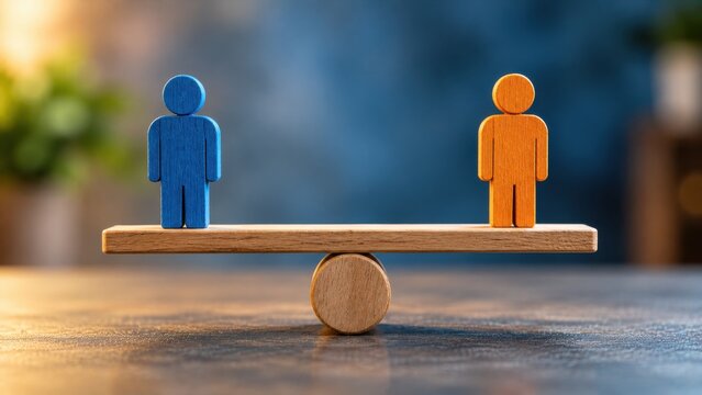 Blue and orange wooden human figurines balanced on scale representing fair comparison choices or equality concepts.