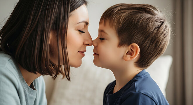 Loving Mother Touching Noses with Her Young Son Indoors