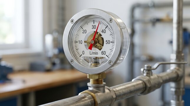 A close up view of a precise water meter attached to industrial metal piping in a workshop setting with machinery and piping components softly blurred in the background